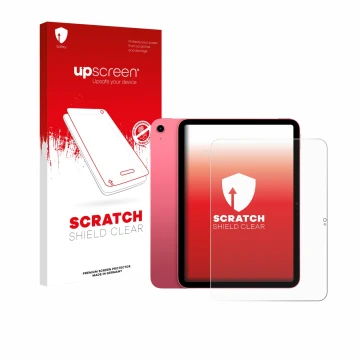 Face avant d’un emballage produit avec le logo de la marque upscreen. À côté, l’appareil Apple iPad A16 11