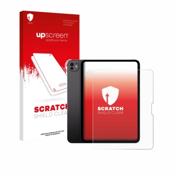 Face avant d’un emballage produit avec le logo de la marque upscreen. À côté, l’appareil Apple iPad Pro 13