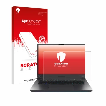 Face avant d’un emballage produit avec le logo de la marque upscreen. À côté, l’appareil ASUS ROG Strix G16 2025 est représent