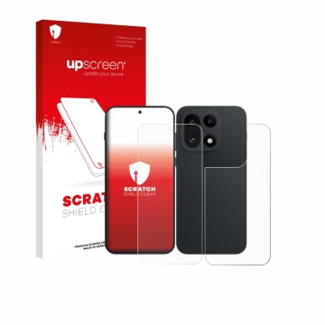 Face avant d’un emballage produit avec le logo de la marque upscreen. À côté, l’appareil OnePlus 15 (Avant+Arrière) est représ