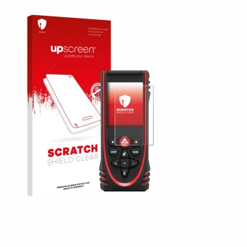 Face avant d’un emballage produit avec le logo de la marque upscreen. À côté, l’appareil Leica DISTO X3 est représenté avec la