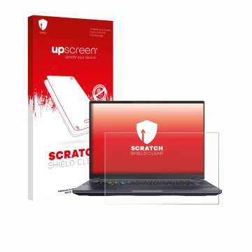 Face avant d’un emballage produit avec le logo de la marque upscreen. À côté, l’appareil Gigabyte AORUS 16X 2024 est représent