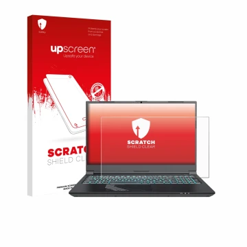 Face avant d’un emballage produit avec le logo de la marque upscreen. À côté, l’appareil Gigabyte G5 2024 est représenté avec 