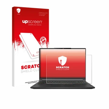 Face avant d’un emballage produit avec le logo de la marque upscreen. À côté, l’appareil MSI Stealth A16 AI+ est représenté av