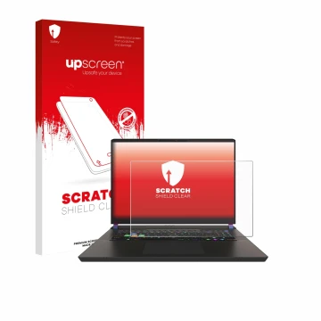 Face avant d’un emballage produit avec le logo de la marque upscreen. À côté, l’appareil MSI Vector 17 HX est représenté avec 
