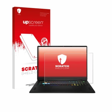Face avant d’un emballage produit avec le logo de la marque upscreen. À côté, l’appareil MSI Vector A18 HX 2025 est représenté