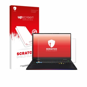 Face avant d’un emballage produit avec le logo de la marque upscreen. À côté, l’appareil MSI Raider 18 HX AI 2025 est représen