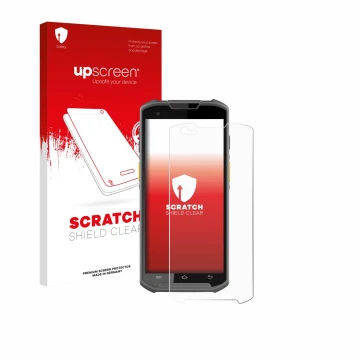 Face avant d’un emballage produit avec le logo de la marque upscreen. À côté, l’appareil Newland MT93 est représenté avec la p