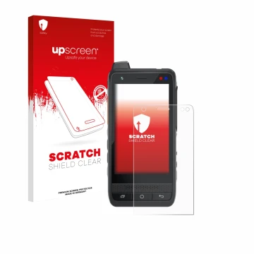Face avant d’un emballage produit avec le logo de la marque upscreen. À côté, l’appareil Uniwa F400 est représenté avec la pro