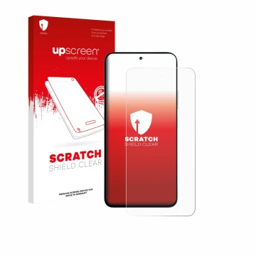 Face avant d’un emballage produit avec le logo de la marque upscreen. À côté, l’appareil Xiaomi Poco M7 Plus est représenté av