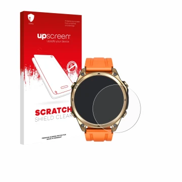 Face avant d’un emballage produit avec le logo de la marque upscreen. À côté, l’appareil Doogee Anywise W1 est représenté avec