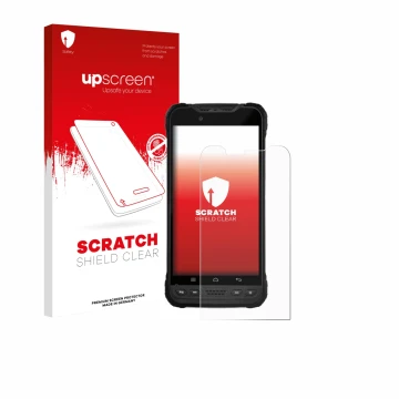 Face avant d’un emballage produit avec le logo de la marque upscreen. À côté, l’appareil Zebra Xplore M60 est représenté avec 