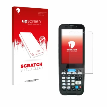 Face avant d’un emballage produit avec le logo de la marque upscreen. À côté, l’appareil Unitech HT330 est représenté avec la 