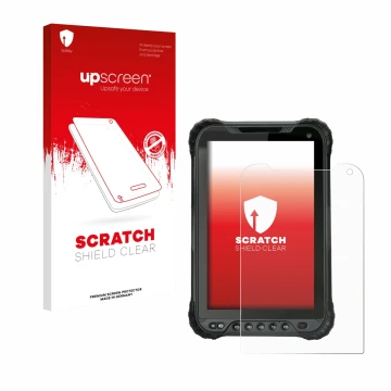 Face avant d’un emballage produit avec le logo de la marque upscreen. À côté, l’appareil Unitech TB85 Plus est représenté avec