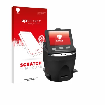 Face avant d’un emballage produit avec le logo de la marque upscreen. À côté, l’appareil Kodak SCANZA est représenté avec la p