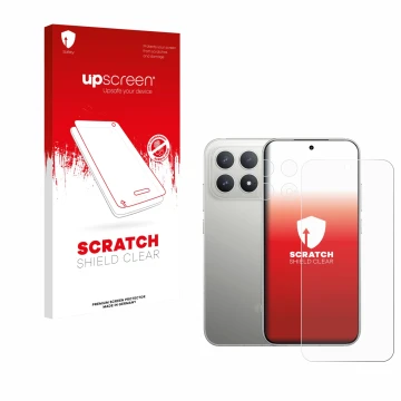Face avant d’un emballage produit avec le logo de la marque upscreen. À côté, l’appareil Xiaomi Poco F8 Pro 5G (Avant+Caméra) 