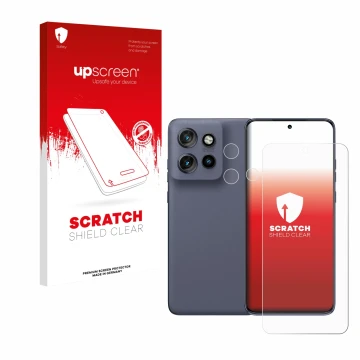Face avant d’un emballage produit avec le logo de la marque upscreen. À côté, l’appareil Motorola Edge 60 Neo (Avant+Caméra) e