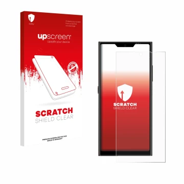 Face avant d’un emballage produit avec le logo de la marque upscreen. À côté, l’appareil Jolla Phone est représenté avec la pr