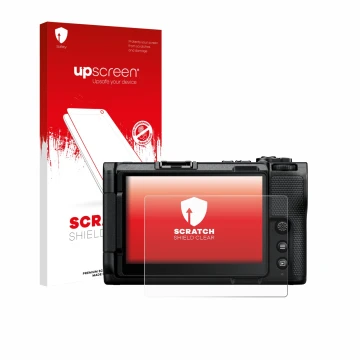 Face avant d’un emballage produit avec le logo de la marque upscreen. À côté, l’appareil Nikon ZR 2025 est représenté avec la 