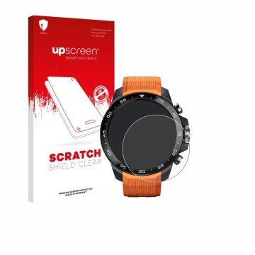 Face avant d’un emballage produit avec le logo de la marque upscreen. À côté, l’appareil Xiaomi Mibro GS Explorer S est représ