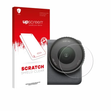 Face avant d’un emballage produit avec le logo de la marque upscreen. À côté, l’appareil DJI Osmo Action 6 (Lentille) est repr