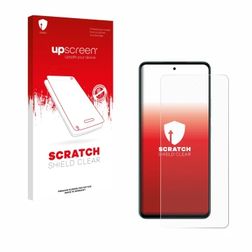 Face avant d’un emballage produit avec le logo de la marque upscreen. À côté, l’appareil Oppo A5 est représenté avec la protec