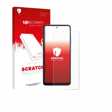 Face avant d’un emballage produit avec le logo de la marque upscreen. À côté, l’appareil Oppo K13x est représenté avec la prot