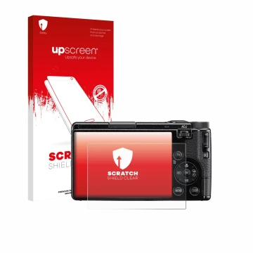 Face avant d’un emballage produit avec le logo de la marque upscreen. À côté, l’appareil Ricoh GR IV HDF 2025 est représenté a