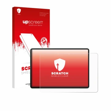 Face avant d’un emballage produit avec le logo de la marque upscreen. À côté, l’appareil Huawei MatePad 11.5