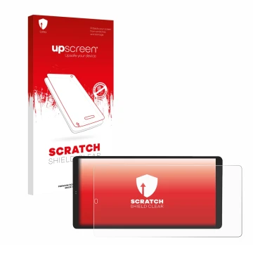 Face avant d’un emballage produit avec le logo de la marque upscreen. À côté, l’appareil Shelly Wall Display X2 est représenté
