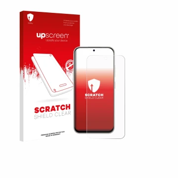 Face avant d’un emballage produit avec le logo de la marque upscreen. À côté, l’appareil Nubia V80 Pro est représenté avec la 