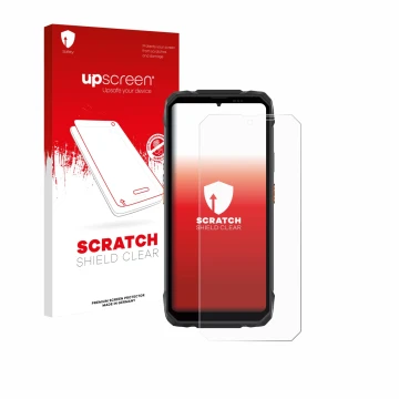 Face avant d’un emballage produit avec le logo de la marque upscreen. À côté, l’appareil Blackview Rock 1 est représenté avec 