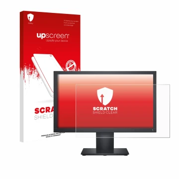 Face avant d’un emballage produit avec le logo de la marque upscreen. À côté, l’appareil Dell E1920H est représenté avec la pr