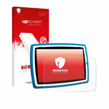 Face avant d’un emballage produit avec le logo de la marque upscreen. À côté, l’appareil Lisciani Mio Tab 10 Tutor XL est repr