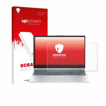 Face avant d’un emballage produit avec le logo de la marque upscreen. À côté, l’appareil HP OmniBook 3 15