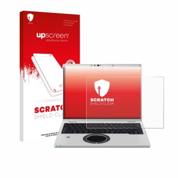 Face avant d’un emballage produit avec le logo de la marque upscreen. À côté, l’appareil Panasonic CF-FV3 est représenté avec 