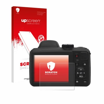 Face avant d’un emballage produit avec le logo de la marque upscreen. À côté, l’appareil Kodak Pixpro AZ405 est représenté ave