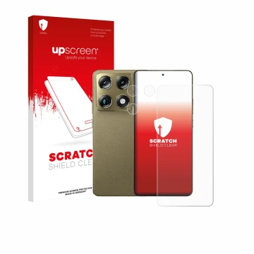 Face avant d’un emballage produit avec le logo de la marque upscreen. À côté, l’appareil Motorola Signature (Avant+Caméra) est