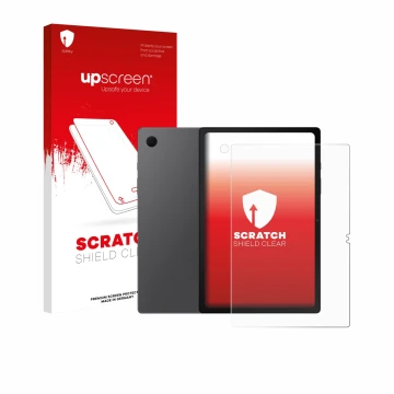 Face avant d’un emballage produit avec le logo de la marque upscreen. À côté, l’appareil Samsung Galaxy Tab A8 (Avant+Caméra) 