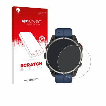 Face avant d’un emballage produit avec le logo de la marque upscreen. À côté, l’appareil Garmin quatix 8 Pro (47 mm) est repré