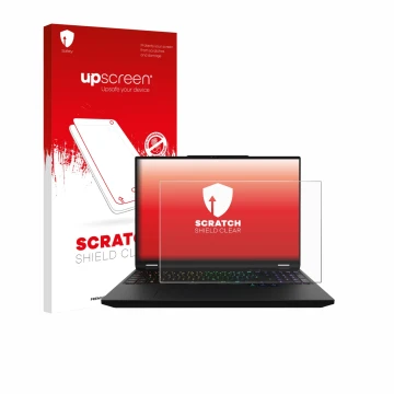 Face avant d’un emballage produit avec le logo de la marque upscreen. À côté, l’appareil XMG Apex 16 Max est représenté avec l