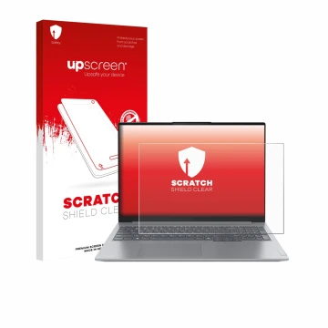 Face avant d’un emballage produit avec le logo de la marque upscreen. À côté, l’appareil Lenovo ThinkBook 16 Gen 7+ est représ