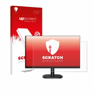 Face avant d’un emballage produit avec le logo de la marque upscreen. À côté, l’appareil Amazon Basics C24M2020DEU est représe