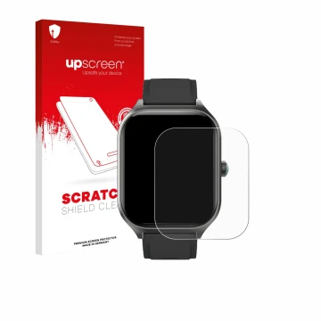 Face avant d’un emballage produit avec le logo de la marque upscreen. À côté, l’appareil FORRLITE Smartwatch 2.01