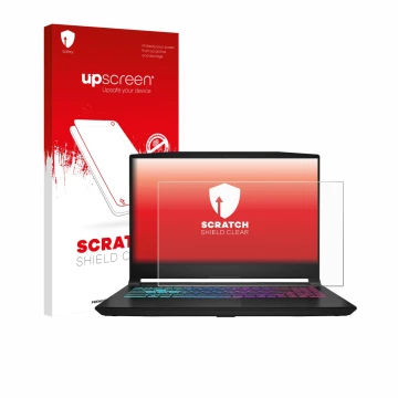 Face avant d’un emballage produit avec le logo de la marque upscreen. À côté, l’appareil MSI Katana 15 HX B14 est représenté a