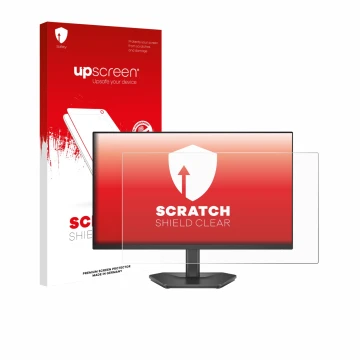 Face avant d’un emballage produit avec le logo de la marque upscreen. À côté, l’appareil Dell 24 SE2426HG est représenté avec 