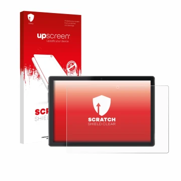 Face avant d’un emballage produit avec le logo de la marque upscreen. À côté, l’appareil Lisciani Mio Tab 10