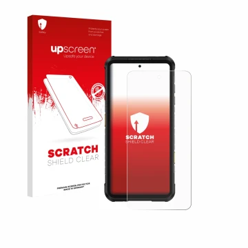 Face avant d’un emballage produit avec le logo de la marque upscreen. À côté, l’appareil Ulefone RugOne Xever 7 Pro est représ