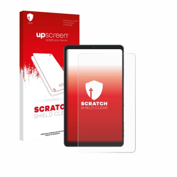 Face avant d’un emballage produit avec le logo de la marque upscreen. À côté, l’appareil Chuwi AuPad Mini est représenté avec 