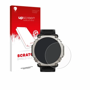 Face avant d’un emballage produit avec le logo de la marque upscreen. À côté, l’appareil Huami Amazfit T-Rex Ultra 2 est repré